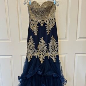 Elegant Strapless Formal Navy and Gold Dress Size S New